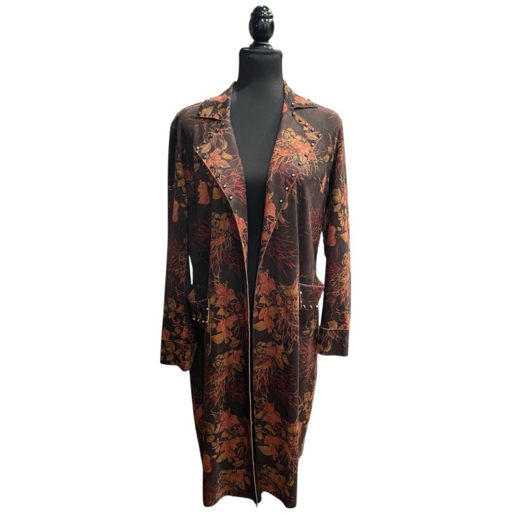 Sheryl Crow Boho Faux Suede Floral Trench Coat Brown Orange | Size Small - Picture 2 of 10